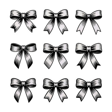 Riboon bow silhouette vector icons set illustration, Black line art, Elegant, vector pack, monochrome minimalist design, Clipart, Gift Wrapping Designs, special occasions, Stylish, symbols,