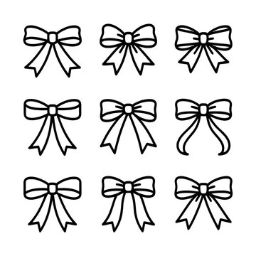 Riboon bow silhouette vector icons set illustration, Black line art, Elegant, vector pack, monochrome minimalist design, Clipart, Gift Wrapping Designs, special occasions, Stylish, symbols,