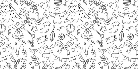 Seamless winter pattern in doodle sketch style. Background with attributes of Christmas and winter holidays. Monochrome hand drawn print for textiles, packaging, paper, design, vector graphics