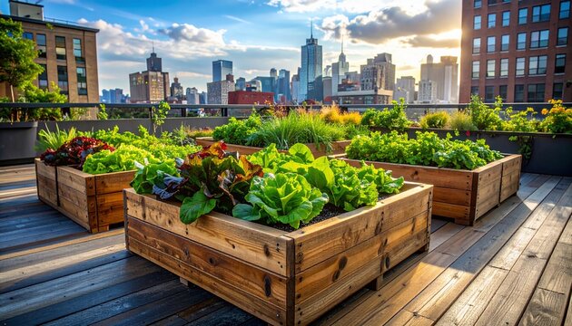 Urban Rooftop Garden Fresh Produce Growing with a City Skyline Background. - Powered by Adobe
