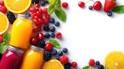 Colorful fruit smoothies and fresh berries with copy space on transparent background