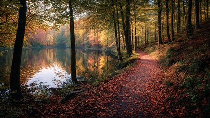 Obraz premium Autumn forest path next to a tranquil lake with vibrant fall foliage reflecting on the waters surface.