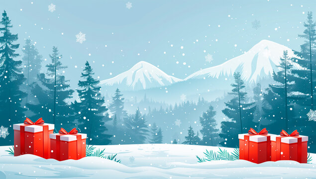 Winter wonderland with festive red gifts and snowy mountains.
