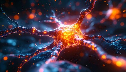 Vibrant 3D Rendering of a Neuron Firing with Energy and Synapses.