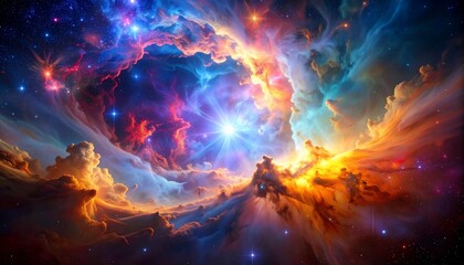 Vibrant Nebula Cosmic Clouds and Starburst with Space Art, and Abstract Galaxy Background.