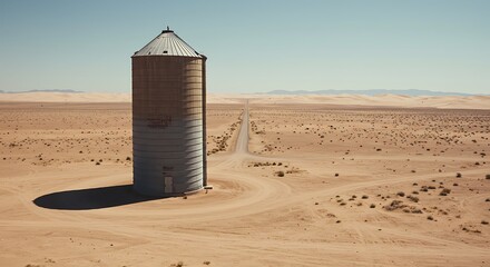 Aerial view of a cylindrical silo towering over a desolate, sun-baked desert landscape