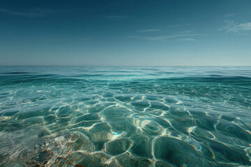 Close up of clear transparent ocean wave with horizon line. Blue ocean against blue sky