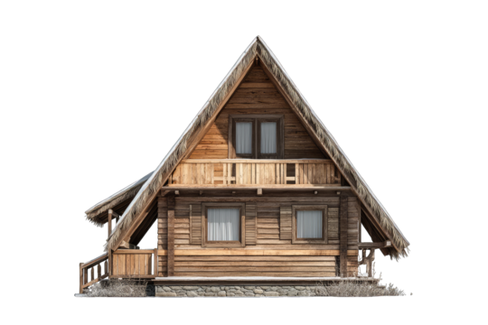 Traditional A-frame Wooden Mountain Chalet Isolated on Black Background