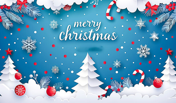 Paper cut merry christmas winter scene with snowflakes and decor - Powered by Adobe