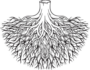 Detailed black and white illustration of a tree stump with an intricate network of exposed roots spreading outwards in a symmetrical pattern against a white background