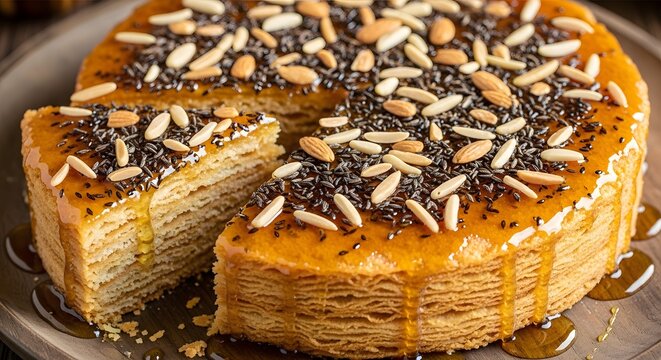 A golden, layered Bint Al Sahn Yemeni honey cake, drenched with honey and sprinkled with black cumin and almonds. A piece is pulled apart to show flaky layers.
