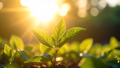 Young plant sprout with vibrant leaves bathed in warm sunlight with natural bokeh.