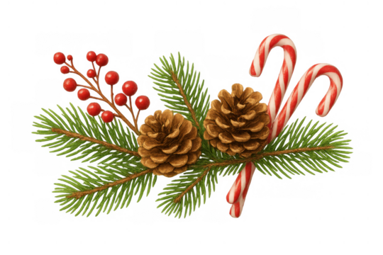 Festive winter holiday decoration with natural elements and sweet treats, perfect for seasonal designs