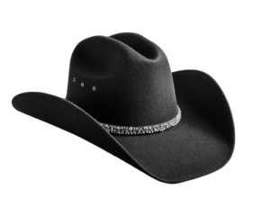 Black cowboy hat, wide brim, decorative band