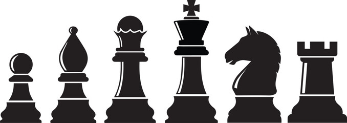 Silhouette of a complete set of chess pieces arranged in a line on a white background showcasing their distinct shapes and forms