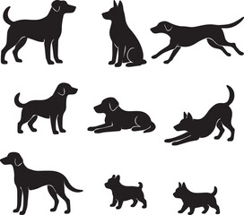 Silhouettes of various dog breeds in playful poses on a white background, minimal design