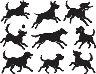 Collection of black dog silhouettes jumping, running, and playing fetch, isolated on clean background
