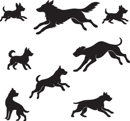 Silhouettes of small and large dog breeds in dynamic poses, artistic flat design