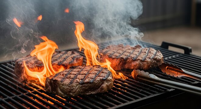Sizzling steaks grilling over intense flames capturing delicious outdoor bbq ambiance
