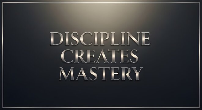 A sleek and modern metallic sign displays the motivational phrase 'Discipline Creates Mastery' on a dark background, emphasizing the importance of perseverance and dedication