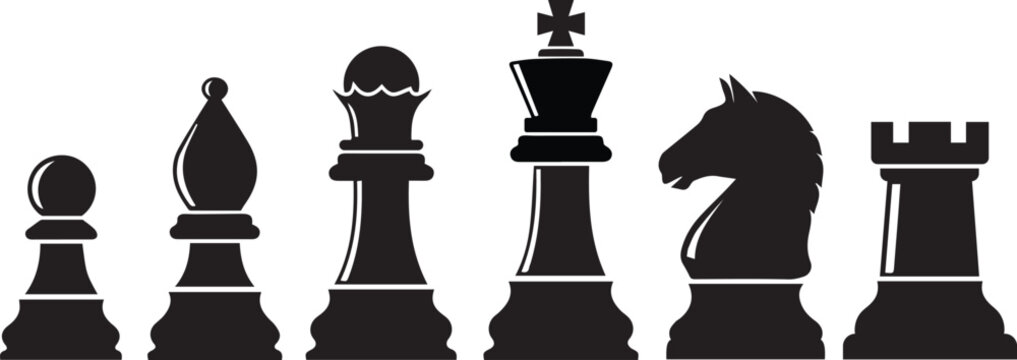 Silhouette of a complete set of chess pieces arranged in a line on a white background showcasing their distinct shapes and forms