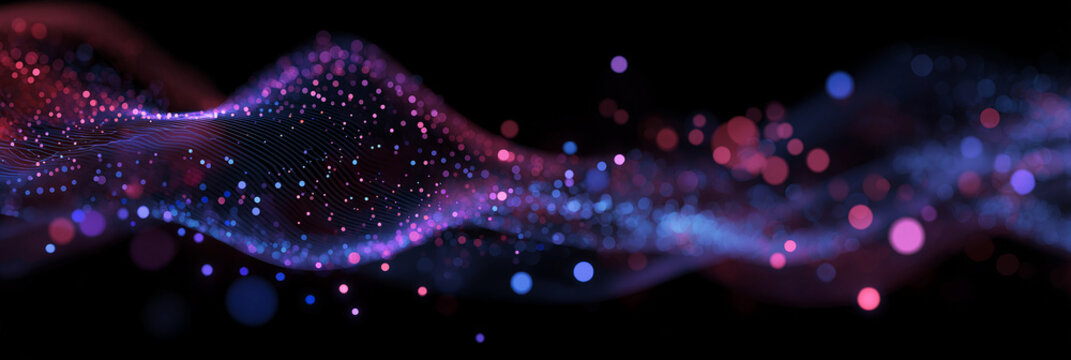 abstract background with digital waves and glowing dots in blue, purple, and red colors. abstract wave of light particles with a bokeh effect on a dark black backdrop. technology concept for banner de