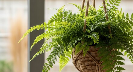 A close-up of a lush green fern in a woven hanging basket. Indoor houseplant for home decor and biophilic design concept. Natural light illuminating vibrant foliage