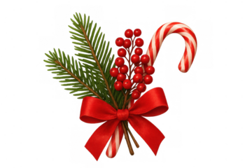 Christmas festive arrangement with pine branches, red berries, candy cane, and a red bow on transparent background