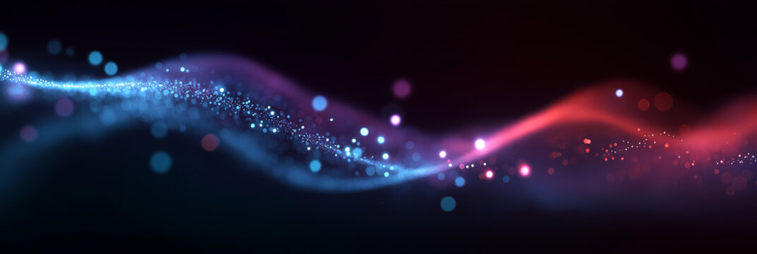 abstract background with digital waves and glowing dots in blue, purple, and red colors. abstract wave of light particles with a bokeh effect on a dark black backdrop. technology concept for banner de - Powered by Adobe