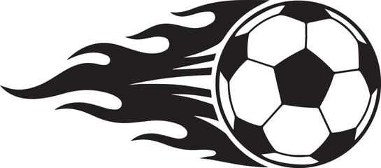 Dynamic black and white illustration of a soccer ball with stylized flames trailing behind it conveying speed and intensity on a white background