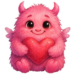 Pink fluffy monster - Pink fluffy Watercolor Clipart, Funny Pink fluffy monster png, Cute Kawaii monster, Transparent Image for Party 
