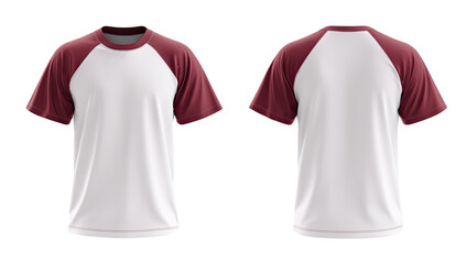 Front and back view of a white t-shirt with burgundy sleeves