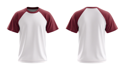 Front and back view of a white t-shirt with burgundy sleeves