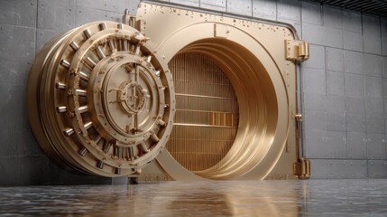 Golden vault door against concrete wall illustrating finance and security