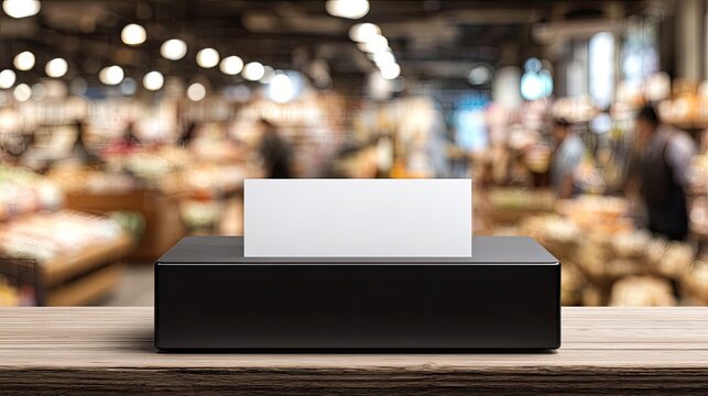Blank sign stands in store, a blurry market aisle in background