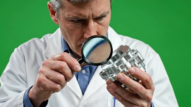Man in White Coat Inspecting Metal Part with Magnifying Glass against Green Screen Background Precision Engineering Analysis for Quality Control and Assurance Standards