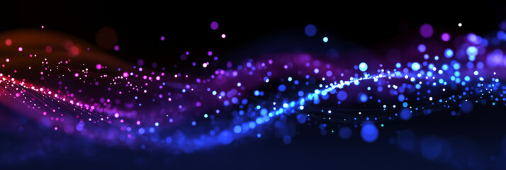 abstract background with digital waves and glowing dots in blue, purple, and red colors. abstract wave of light particles with a bokeh effect on a dark black backdrop. technology concept for banner de