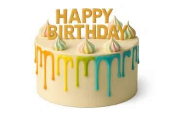 Birthday cake with happy birthday text, colorful frosting dripping, meringue kisses, transparent background