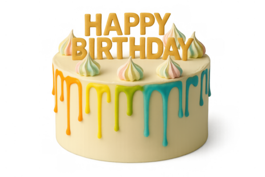 Birthday cake with happy birthday text, colorful frosting dripping, meringue kisses, transparent background