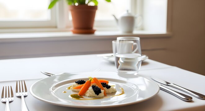 Gourmet seafood masterpiece featuring tender white fish, fresh crisp carrots, and opulent caviar, artfully arranged for an upscale dining experience