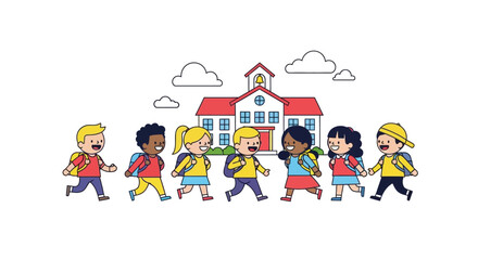 Fototapeta premium Diverse Group of Children Walking to School Illustration in Bright Colors