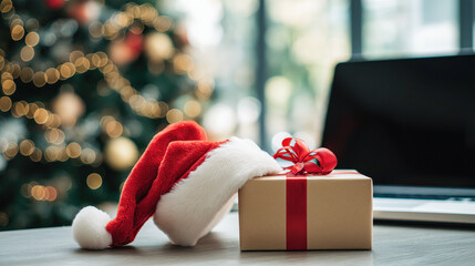 Santa hat rests on brown gift box with red ribbon placed on desk next to a laptop, with a blurred Christmas tree in background. Christmas shopping, preparing gifts
