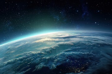 Obraz premium Vibrant Earth From Space at Night With City Lights Under Dramatic Starry Sky and Glowing Atmosphere in Blue and Yellow Color