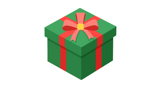 A vibrant green gift box with a bright red ribbon and bow, presented in a clean isometric illustration style, perfect for holiday and celebration designs