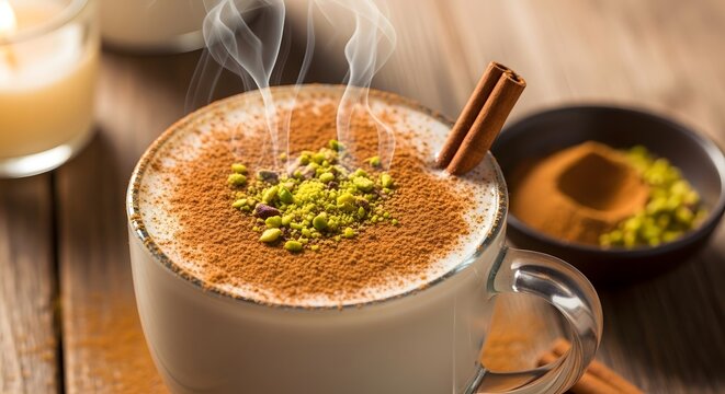 A warm, creamy mug of Sahlab drink, heavily dusted with cinnamon and crushed pistachios. A cinnamon stick stirrer and gentle steam create a cozy, inviting scene.