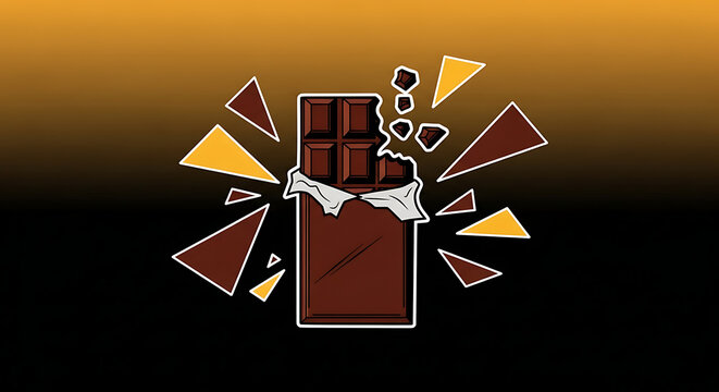 A stylized graphic illustration of a broken chocolate bar with dynamic, explosive pop art effects on a gradient background