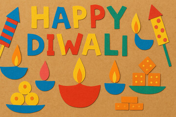Paper Craft Diwali Icons on Cardboard, Happy Diwali