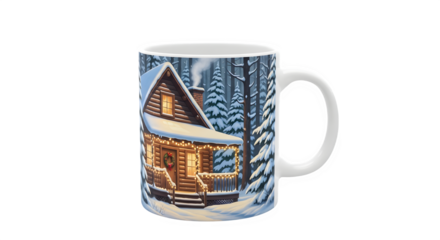 Cozy winter cabin scene on a mug isolated on transparent background, featuring a snowcovered house and festive lights