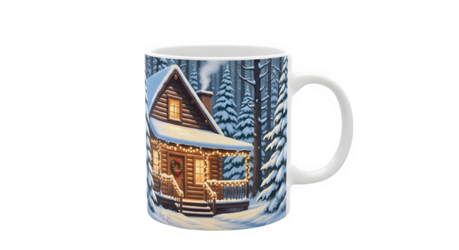 Cozy winter cabin scene on a mug isolated on transparent background, featuring a snowcovered house and festive lights