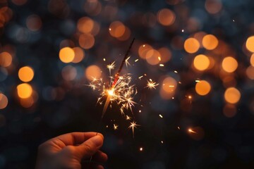 Sparkling Celebration: A hand holds a lit sparkler against a blurred bokeh background, evoking feelings of joy, celebration, and festive cheer.